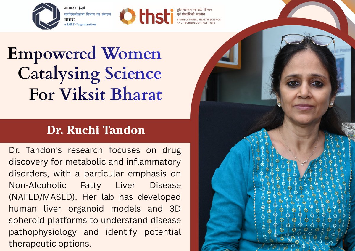 THSTIFaridabad's tweet image. Continuing our #WomenInScience series, meet Dr. Ruchi Tandon.

From leveraging human liver organoids for drug discovery to identifying novel therapeutics for metabolic disorders, Dr Tandon's research is focusssed on finding used on finding solutions for NAFLD/MASLD and