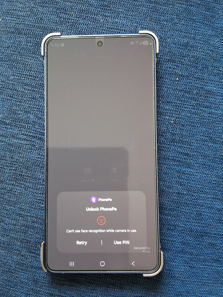 finazure's tweet photo. Bug in PhonePe app. When we try opening PhonePe scan mobile widget on android we are not able to unlock the device. It is showing this screen. Opening QR code scanner widget should be fast. Please resolve this issue team.

@PhonePe @_sameernigam https://t.co/VzOAi9CT1L