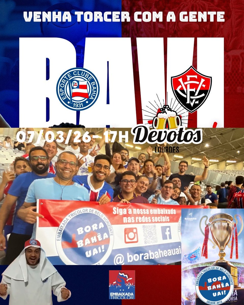 BAvi valendo taça???
Nada mais importa….
💙🤍❤️
HOJE É DIA DE BAHÊAAAAA!!!!
Em BH, é no @devotosbar que estaremos para acompanhar a busca da 52 🏆 do Baianão e em cima do rival!
Venha torcer com a gente!
#borabaeauai #bh #baianão #tudotembahia #bbmp