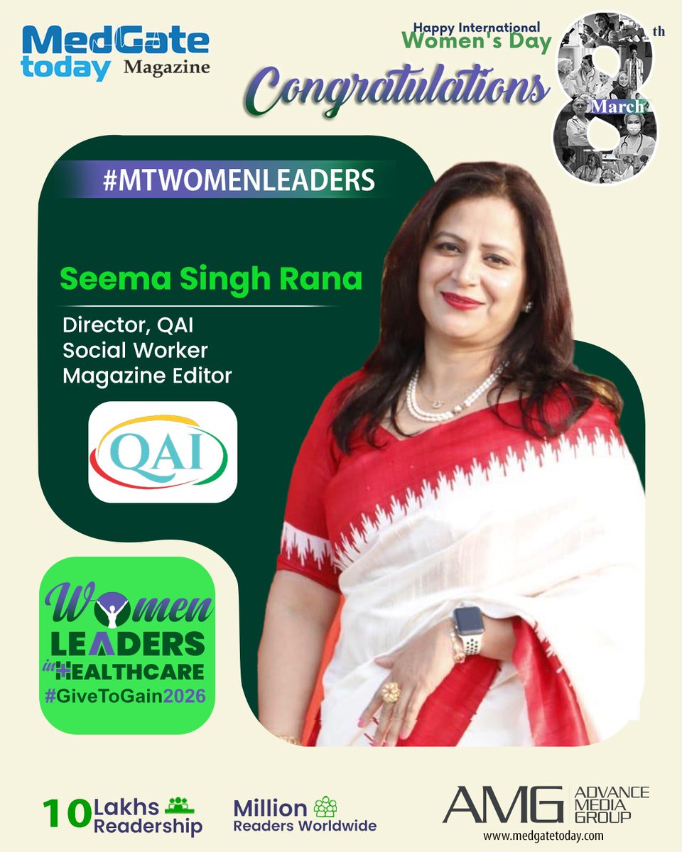 Medgate_Today's tweet photo. Celebrating inspiring women making a difference in healthcare this International Women's Day
Honouring Seema Singh Rana, Director at QAI, Social Worker &amp; Magazine Editor, as one of the #MTWomenLeaders featured by MedGate Today.
#MTWomenLeaders #WomenInHealthcare #HealthcareLeade https://t.co/cPGPvK4OcY