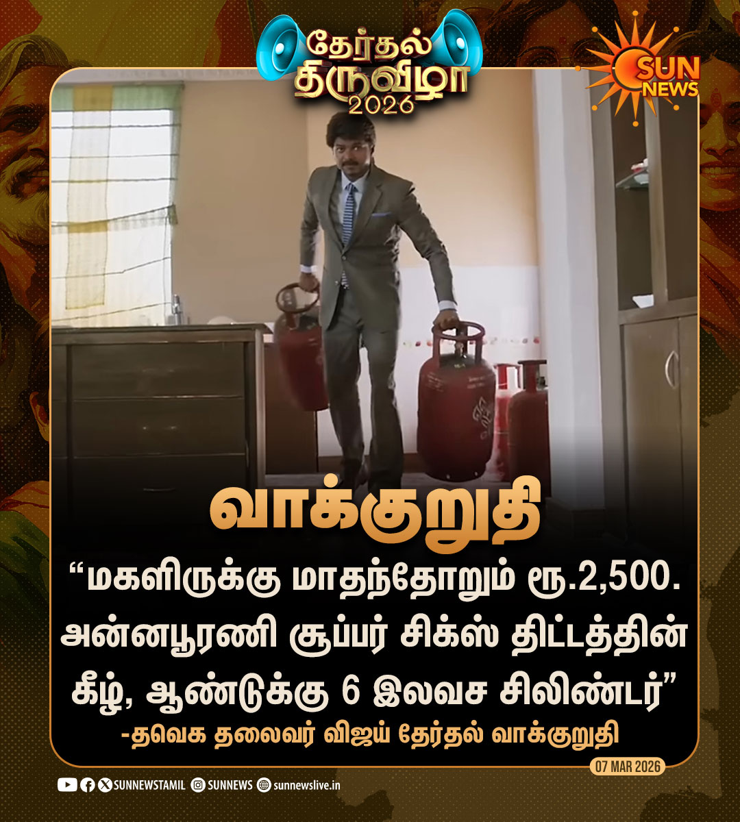 sunnewstamil's tweet photo. #தேர்தல்திருவிழா | பெண்களுக்கு தவெக தலைவர் விஜய் தேர்தல் வாக்குறுதி!

#SunNews | #TVKVijay‌ | #TNElection2026 https://t.co/J7id82S6xf