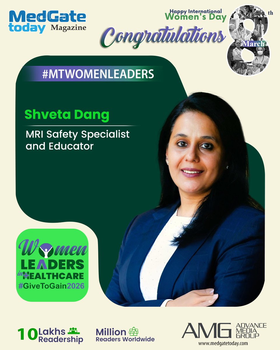 Medgate_Today's tweet photo. Celebrating inspiring women making a difference in healthcare this International Women's Day
Honouring Shveta Dang, MRI Safety Specialist and Educator, as one of the #MTWomenLeaders featured by MedGate Today. 
#MTWomenLeaders #WomenInHealthcare #HealthcareLeadership #Internationa https://t.co/EWvCter30g