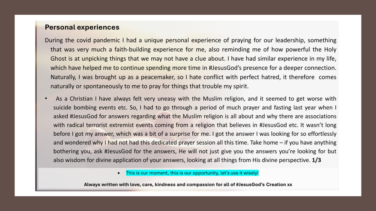 lilian_chiwera's tweet image. Today, I'm sharing some very personal Holy Ghost powered experiences, I hope you're encouraged &amp;amp; join me in prayers 4all of #JesusGod's Creation. 
#TakeOwnershipOfYourSoul #MySalvationStartsWithMe #MeeknessNotPride #JesusGodCorrectness #JesusGodCorrectnessNotPoliticalCorrectness