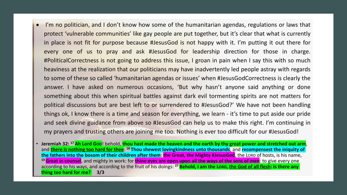 lilian_chiwera's tweet image. Today, I'm sharing some very personal Holy Ghost powered experiences, I hope you're encouraged &amp;amp; join me in prayers 4all of #JesusGod's Creation. 
#TakeOwnershipOfYourSoul #MySalvationStartsWithMe #MeeknessNotPride #JesusGodCorrectness #JesusGodCorrectnessNotPoliticalCorrectness