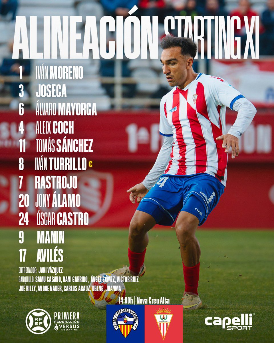 AlgecirasCF's tweet image. 📋 𝐎𝐍𝐂𝐄 | Ya tenemos once para jugar en #Sabadell desde las dos. 

1️⃣ Iván Moreno 
3️⃣ Joseca 
4️⃣ Coch
6️⃣ Mayorga
1️⃣1️⃣ Tomás 
2️⃣0️⃣ Jony Álamo
2️⃣4️⃣ Óscar Castro
8️⃣ Iván Turrillo
7️⃣ Rastrojo
9️⃣ Manín
1️⃣7️⃣ Javi Avilés

#SabadellAlgecirasCF