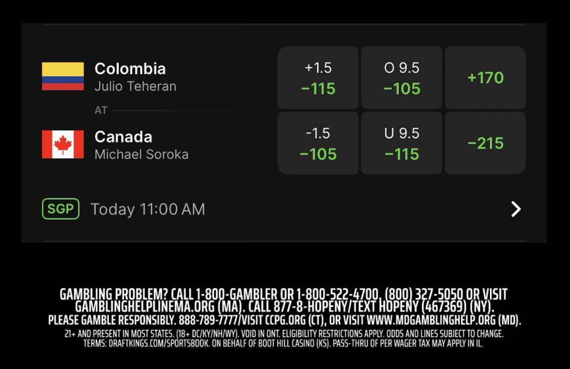 🇨🇴Colombia vs🇨🇦Canada World Baseball Classic Insights <a href="/DKSportsbook/">DraftKings Sportsbook</a>

Most Bet Player Props

💰🎟️
Josh Naylor 1+ HR
Tyler O'Neill 1+ HR
Abraham Toro 1+ HR

Splits:
88%💰| 81%🎟️ on Canada ML
88%💰| 85%🎟️ on Canada -1.5
82%💰| 56%🎟️ on u9.5
