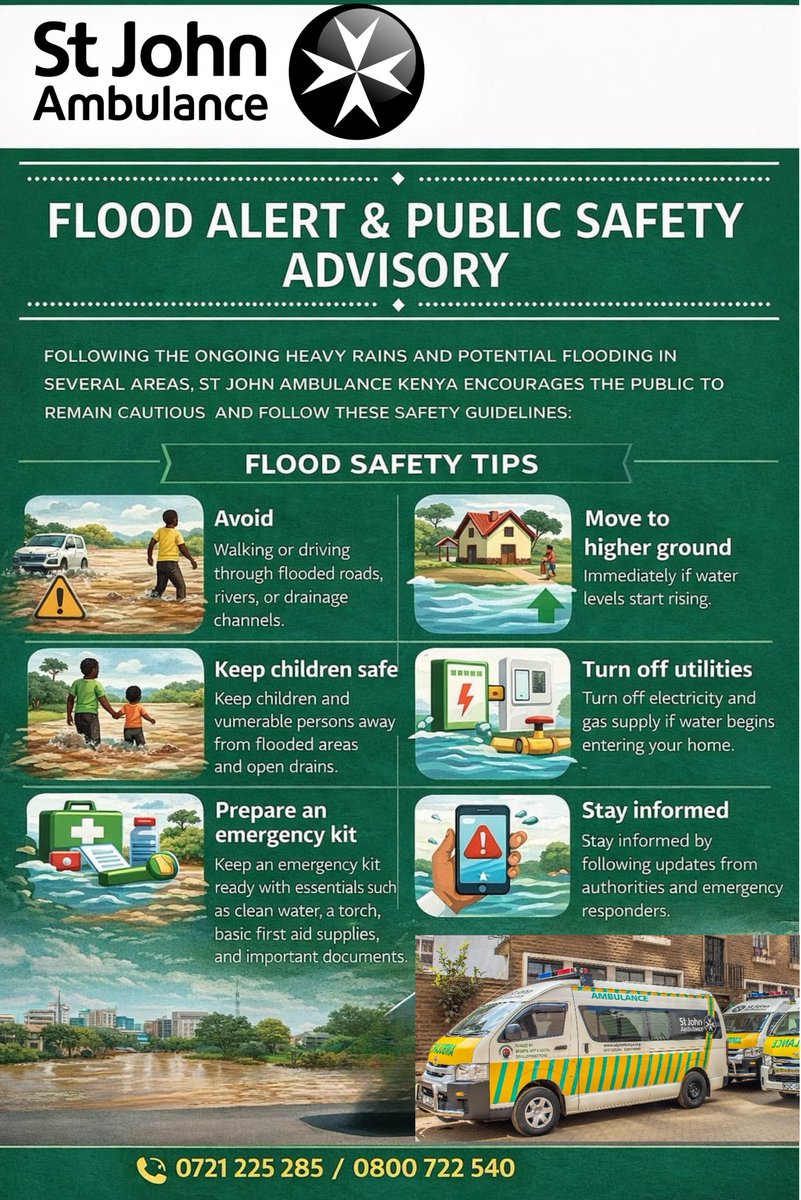 StJohnKenya's tweet photo. Floods can occur without warning.
Preparedness and quick action can save lives. Let’s work together to keep our communities safe during this rainy season.

📞 Emergency response: St. John Ambulance Kenya https://t.co/aB2FpSpPYC