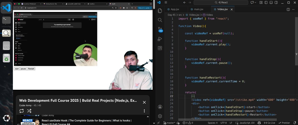 Manikya_Rathore's tweet photo. ✅ Day 45 of #Defence with @rohit_negi9 & @adityatandon02
useRef from first principles Mutable values persist Store interval ID DOM access current property No re renders useRef vs useState Stopwatch Video player Form handling #ReactJS #JavaScript #WebDevelopment #DefenceChallenge https://t.co/REjVy8oe2f