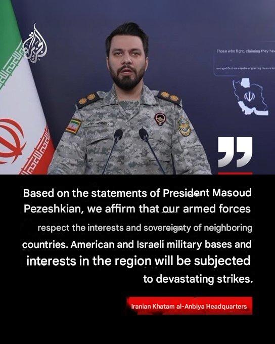 MarioNawfal's tweet photo. 🚨🇮🇷 Iran’s new policy in one sentence: “We won’t bomb our neighbors… we’ll just bomb the Americans stationed there.”

After Iran’s president apologized for hitting every country within range, the IRGC immediately jumped in to clarify the “real” plan: U.S. and Israeli bases across the region will still face devastating strikes.

Iran: “Sorry, neighbors! Our bad.”

Also Iran: “…Anyway, we’ll keep launching missiles at the U.S. bases sitting inside your borders.”

An apology followed by a threat. Peak Islamic Republic diplomacy.

Source: @AJArabic