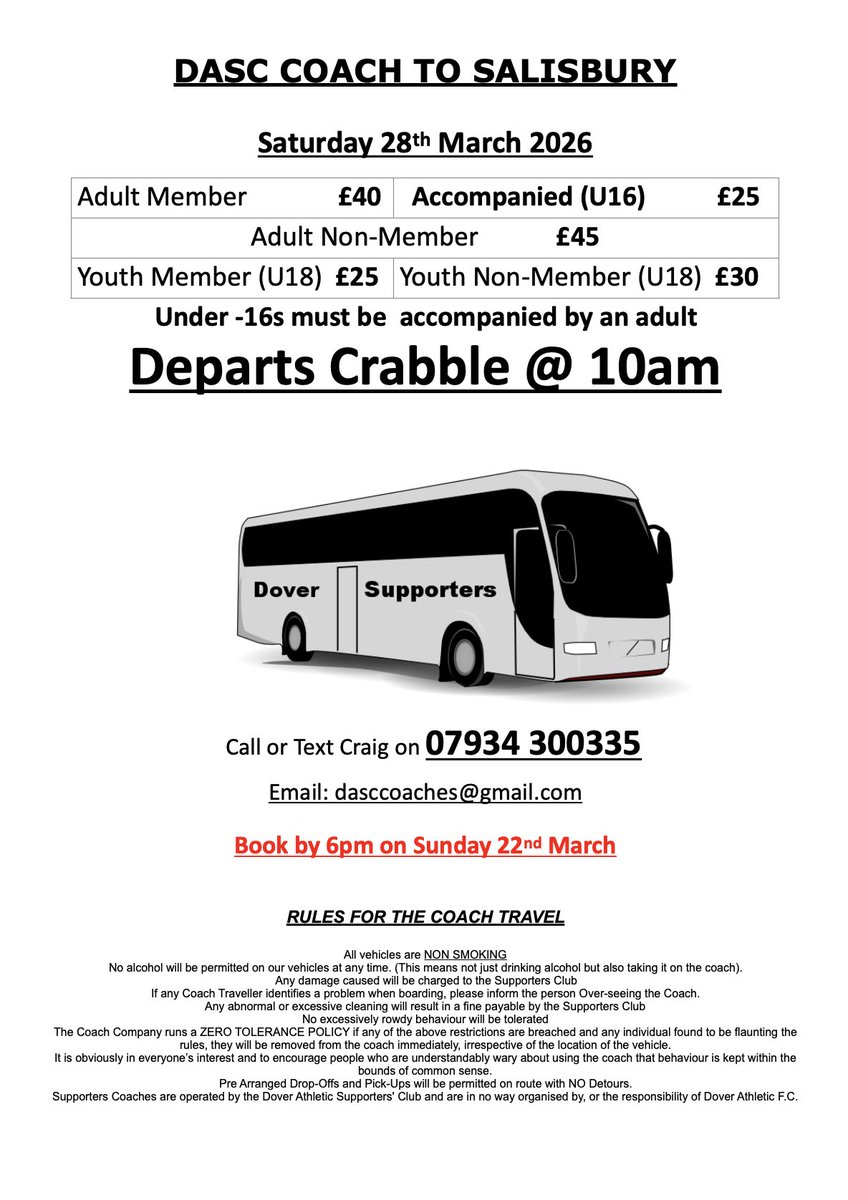 DASC_Coaches's tweet photo. Salisbury: booking deadline - 6pm on the 22nd March

Anyone who travels on the supporters' club coach to Chelmsford or Enfield will be eligible for a £5 discount on the cost of the coach to Salisbury. https://t.co/HPTksugcsl