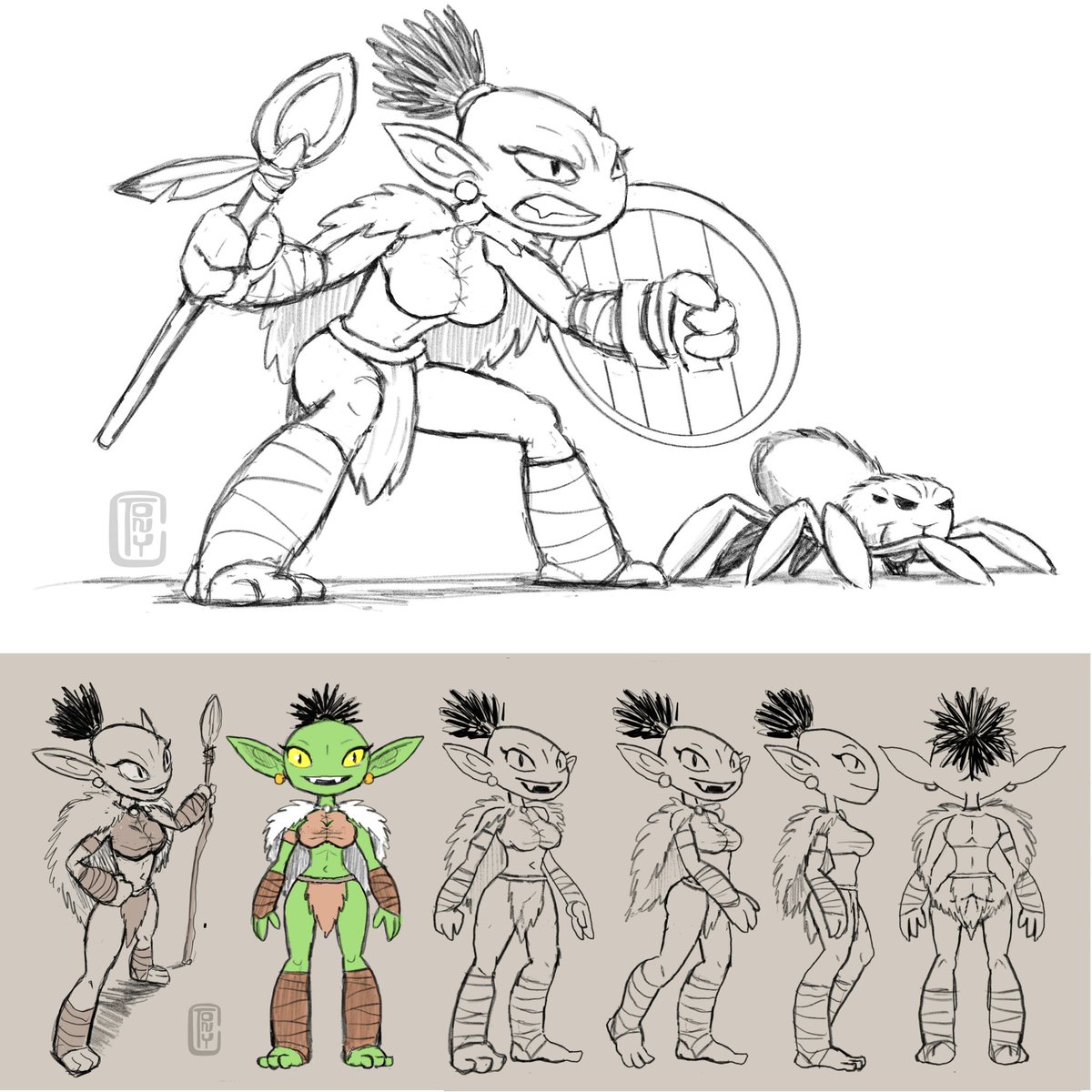 Tonycartoonish's tweet photo. For #goblinweek2026, I challenged myself to draw my goblin girl OC, Patch, in different poses. This scene captures her and her loyal best friend Buttons, braced and ready for whatever fight comes their way. #goblinweek #goblin #originalcharacter #goblingirl https://t.co/NIpt6jEu8b