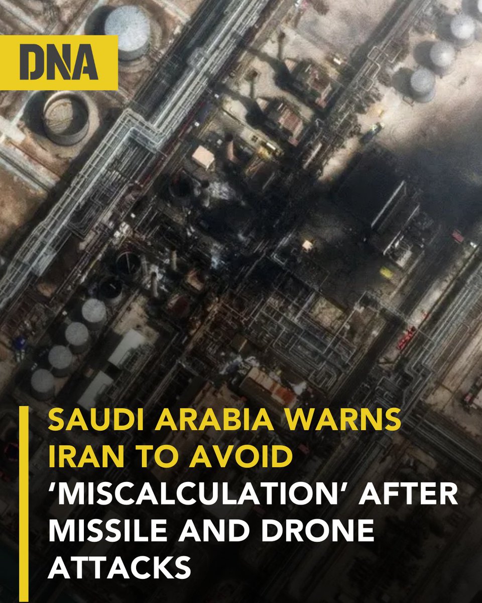 dna's tweet image. #SaudiArabia's Defence Minister Prince Khalid bin Salman urged #Iran  to "avoid miscalculation" on Saturday, following missile and drone launches against the kingdom

Saudi Arabia says it intercepted missiles and drones targeting a US-linked air base and #oilfield, warning Iran