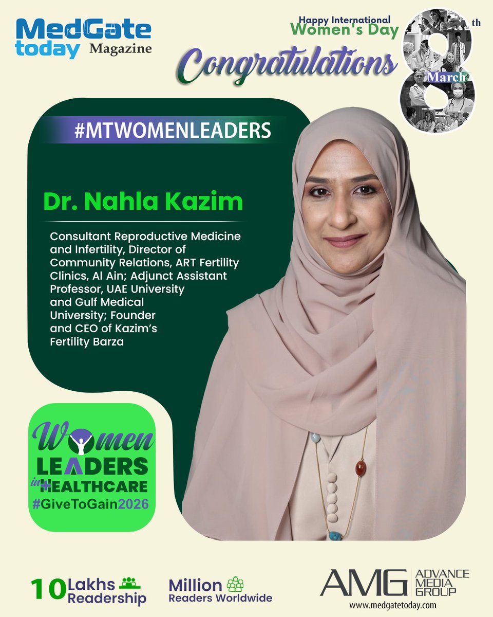 Medgate_Today's tweet photo. Honouring Dr Nahla Kazim, Consultant Reproductive Medicine and Infertility, Director of Community Relations at ART Fertility Clinics Al Ain, Adjunct Assistant Professor at UAE University and Gulf Medical University, and Founder &amp; CEO of Kazim's Fertility Barza, https://t.co/ZeUmnRCAQ2