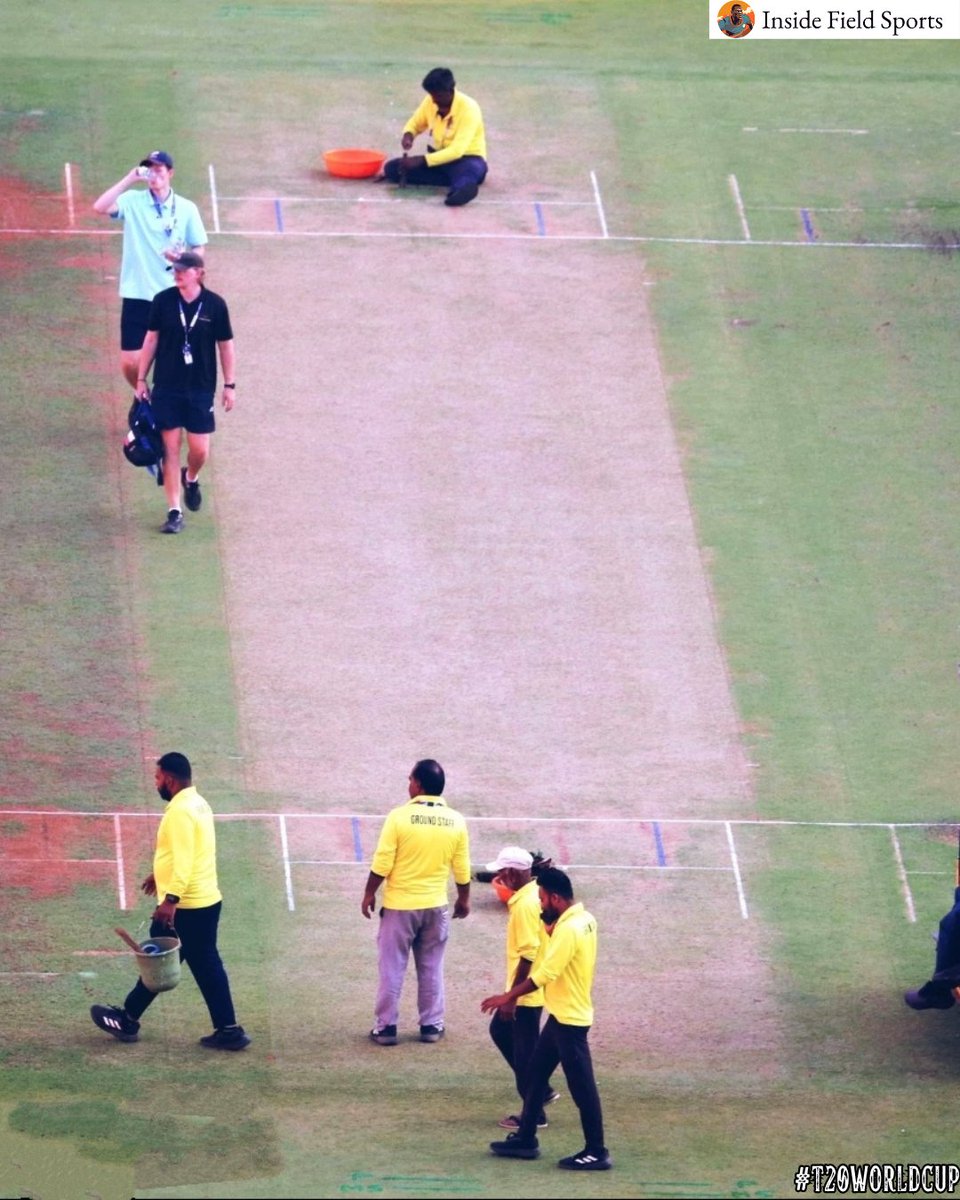 The stage is set at the Narendra Modi Stadium! 🏟️ The Ahmedabad pitch is getting its final touches for the #T20WorldCup Final. 🏏 🇮🇳 vs 🇳🇿

Will it be a high-scoring thriller or a spin masterclass? 

📸 :RevSportz/ X

#INDvNZ #T20WorldCup2026 #Ahmedabad #InsideFieldSports