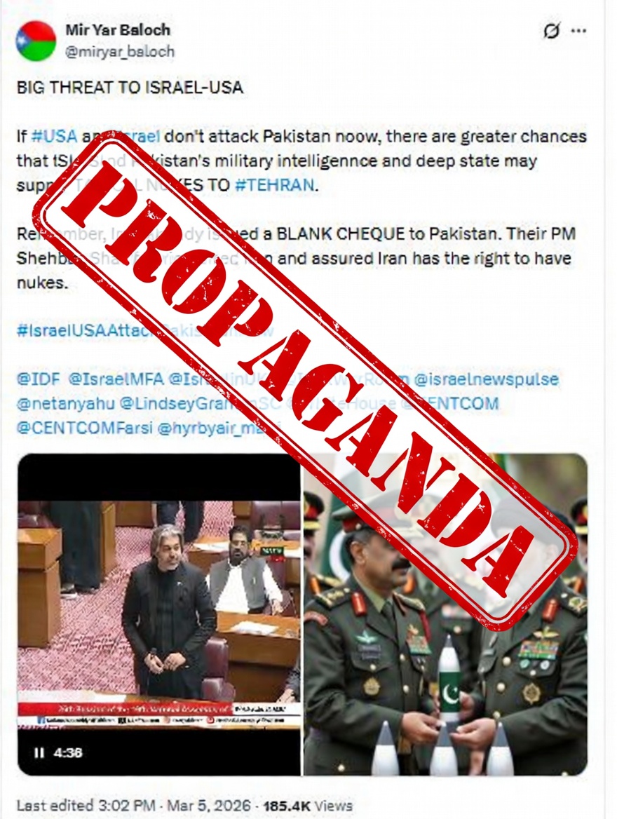 B_Factcheck's tweet photo. Fact Check | Balochistan
A misleading narrative circulating online claims Pakistan may transfer nuclear weapons to Iran and even urges external strikes. The claim originates from the account @miryar_baloch.

Here are the facts. https://t.co/3pgwteugIQ