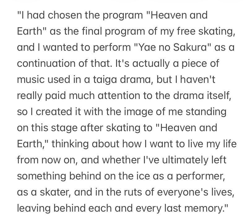 JustYUeveryday's tweet photo. Yuzuru Hanyu - Yae no Sakura

"...I created it with the image of me standing on this stage after skating to "Heaven and Earth," thinking about how I want to live my life from now on, and whether I've ultimately left something behind on the ice as a performer, as a skater, and..." https://t.co/0LLVLML4Ji