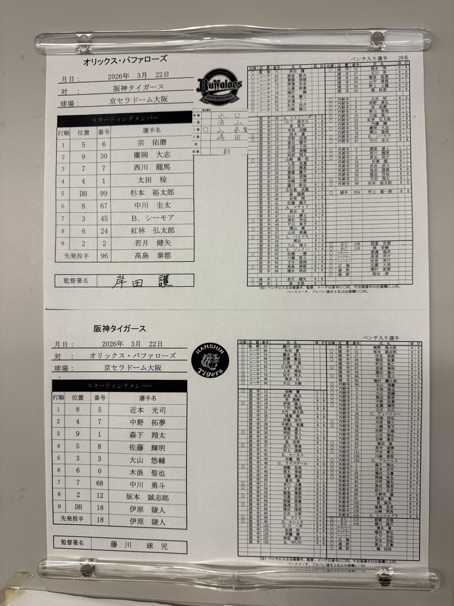 SponichiHinataO's tweet photo. 【阪神戦】
オープン戦最終戦のスタメン、ベンチ入りメンバーです https://t.co/ryQjklNneE