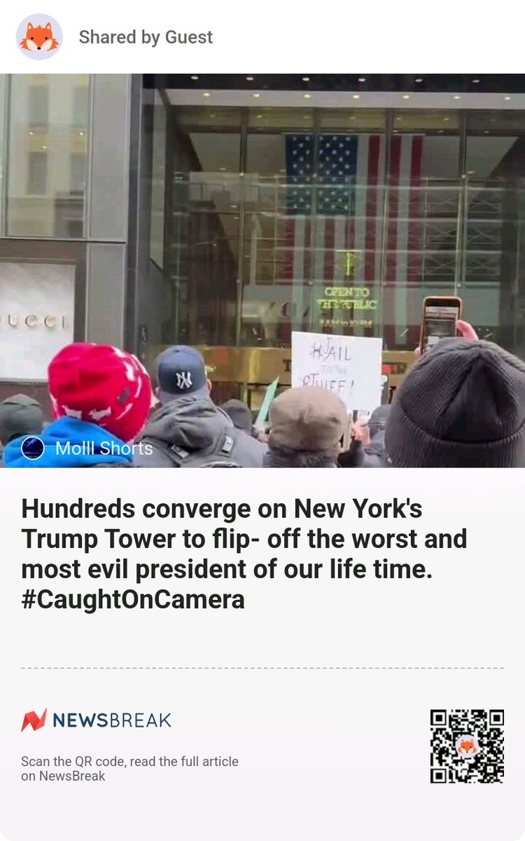 nanahendrix66's tweet image. [Video] Hundreds converge on New York's Trump Tower to flip- off the worst and most evil president of our life time. #CaughtOnCamera
share.newsbreak.com/hst59wk3