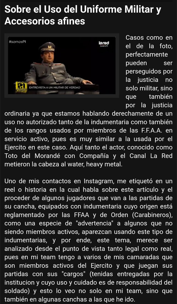 <a href="/Afroinformativa/">Afrodita informativa</a> ¿Estás entregando información de que el diputado Olivares, al hacer uso recreativo de una capa oficial del Ejercito de Chile ha contra venido el Ártículo 333 del Código Militar?
La <a href="/Camara_cl/">Diputadas y Diputados de Chile</a> debería solicitar desafuero y ser juzgado.