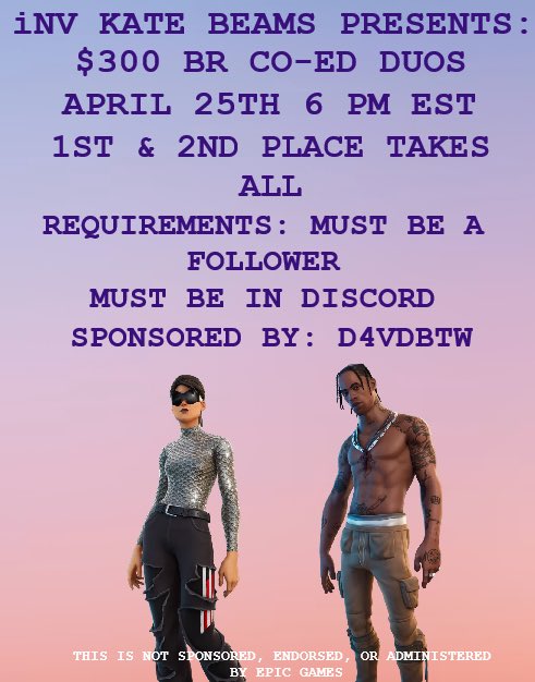 HOSTING SOLO CASH CUP &amp; $300 BR CO-ED DUOS

DETAILS IN MY DISCORD

MUST BE FOLLOWING ON TIKTOK OR TWITCH
MUST BE IN DISCORD! 

discord: discord.gg/RMAnwYWDvs