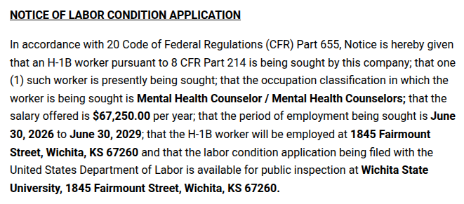 Wichita State University (<a href="/WichitaState/">Wichita State</a>) just posted a notice of intent to hire an H-1B Mental Health Counselor 

Salary: $67,250

No American mental health counselor was qualified for this job.