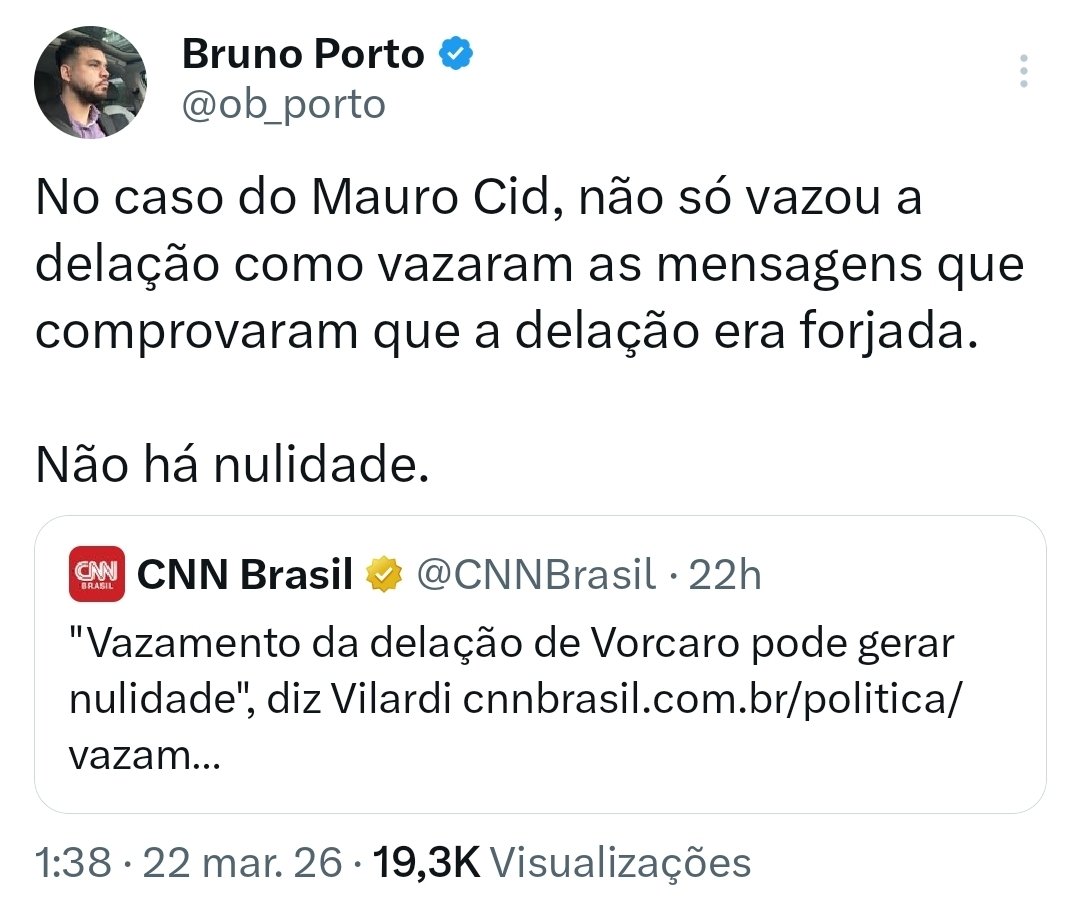 Em 4 linhas o Bruno espancou o advogado que deveria defender as vítimas da delação lixo do Cid.

Eu não entendo essa gente que tem o microfone da CNN e abre a boca pra falar besteira, quando podia tá expondo que seus CLIENTES foram perseguidos numa grande farsa.

Parabéns Bruno.