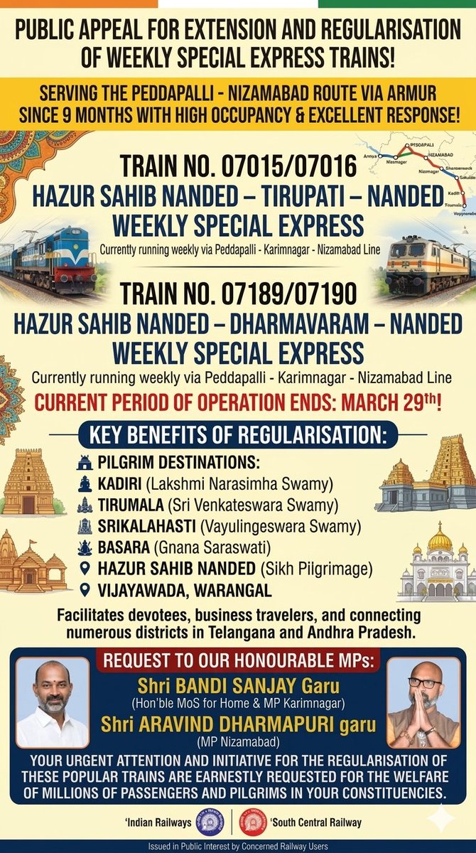 NTForum1's tweet photo. @bandisanjay_bjp @Arvindharmapuri @drmned @drmsecunderabad Request to regularise the 07189/90 and 07015/16 Nanded to Dharmavaram/ Tiruchanur to Nanded Weekly Special Express trains running via Peddapalli - Karimnagar - Nizamabad line @gmscrailway for the benefit of pilgrims https://t.co/EufqPB2BRx