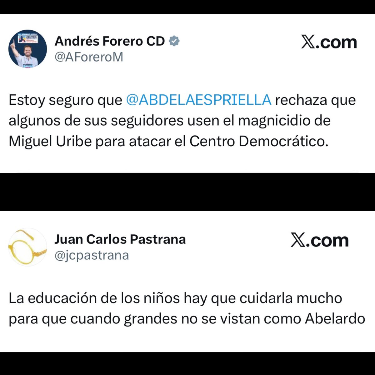 .<a href="/AForeroM/">Andrés Forero CD</a> Me imagino, y estoy seguro de que tú y <a href="/PalomaValenciaL/">Paloma Valencia L</a> también rechazan los ataques constantes contra <a href="/ABDELAESPRIELLA/">Abelardo De La Espriella</a> por parte de su cuñado, el señor <a href="/jcpastrana/">Juan Carlos Pastrana</a>.