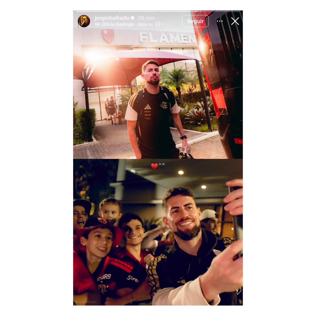 Jorginho Frello, jogador do Flamengo, compartilhou no Instagram Stories uma foto ao lado de crianças, ao som de “deja vu”, de Olivia Rodrigo. ❤️