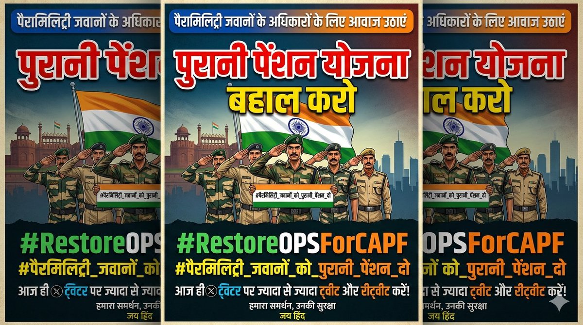 capfofindia9214's tweet image. आज ट्विटर पर @Newsofpmc  द्वारा पैरामिलिट्री फोर्स की #ops के लिए कैम्पेन चलाया जाएगा जिसको @capfofindia9214 का पूर्ण समर्थन है और आज का मुख्य हैशटैग है

#पैरमिलिट्री_जवानों_को_पुरानी_पेंशन_दो 
#RestoreOPSForCAPF 

आज ज्यादा से ज्यादा ट्वीट करे और ट्वीट को रीट्वीट करे, जय हिंद