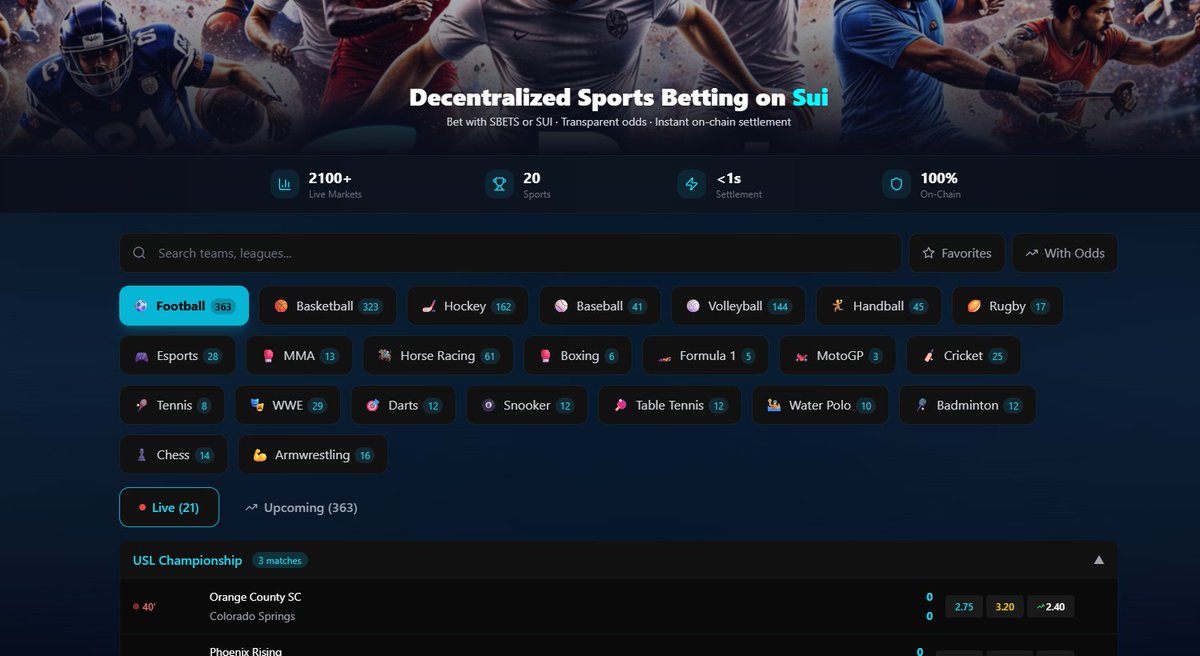 Bet now  - 2,000+ events 

AI-powered betting with smarter predictions
<a href="/WalrusProtocol/">Walrus 🦭/acc</a>  for secure storage on every bet
<a href="/SuiNSdapp/">Sui Name Service (SuiNS)</a>  + ZK login for enhanced privacy
cryptographic odds management
full transparency , all bets viewable in Suivision
prediction or challenge - your call