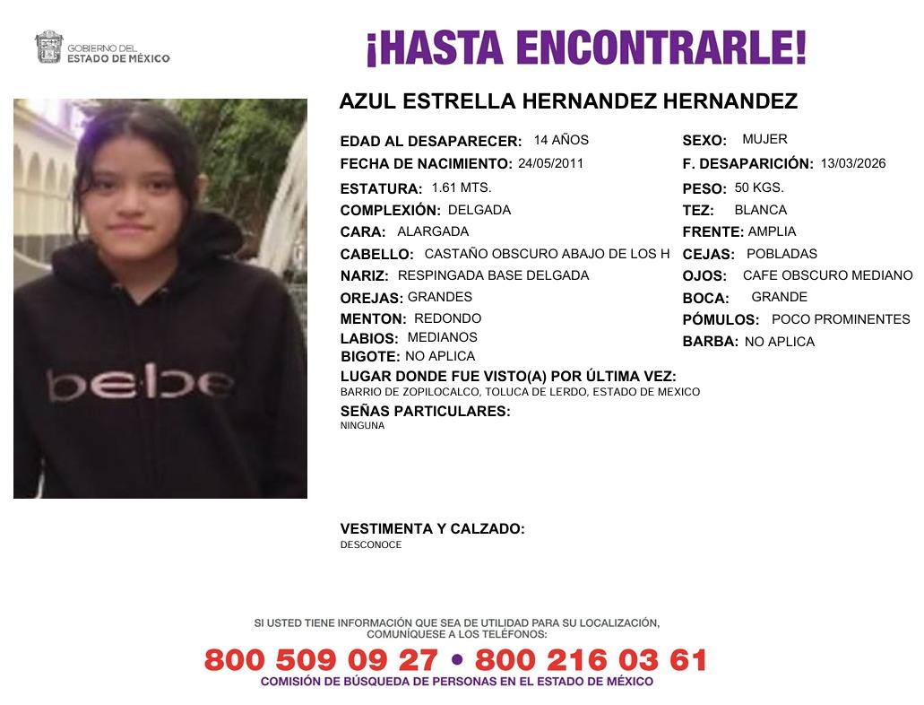 🚨 Buscan a Azul Estrella y Rosa Guadalupe, de 14 y 16 años, desaparecidas en #Toluca desde el 13 de marzo.

Fueron vistas por última vez en Zopilocalco.

📞 Información: 800 509 09 27 / 800 216 03 61

Compartir puede ayudar.

🔗 wp.me/pe9xXn-2Pbd