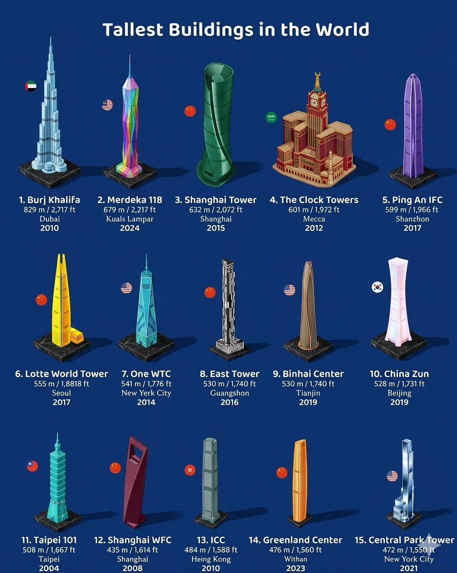 Tallest Buildings in the World

1. 🇦🇪 Burj Khalifa - 828 m / 2,717 ft  
2. 🇲🇾 Merdeka 118 - 679 m / 2,217 ft  
3. 🇨🇳 Shanghai Tower - 632 m / 2,073 ft  
4. 🇸🇦 The Clock Towers - 601 m / 1,972 ft  
5. 🇨🇳 Ping An IFC - 599 m / 1,966 ft  
6. 🇰🇷 Lotte World Tower - 555 m / 1,818 ft