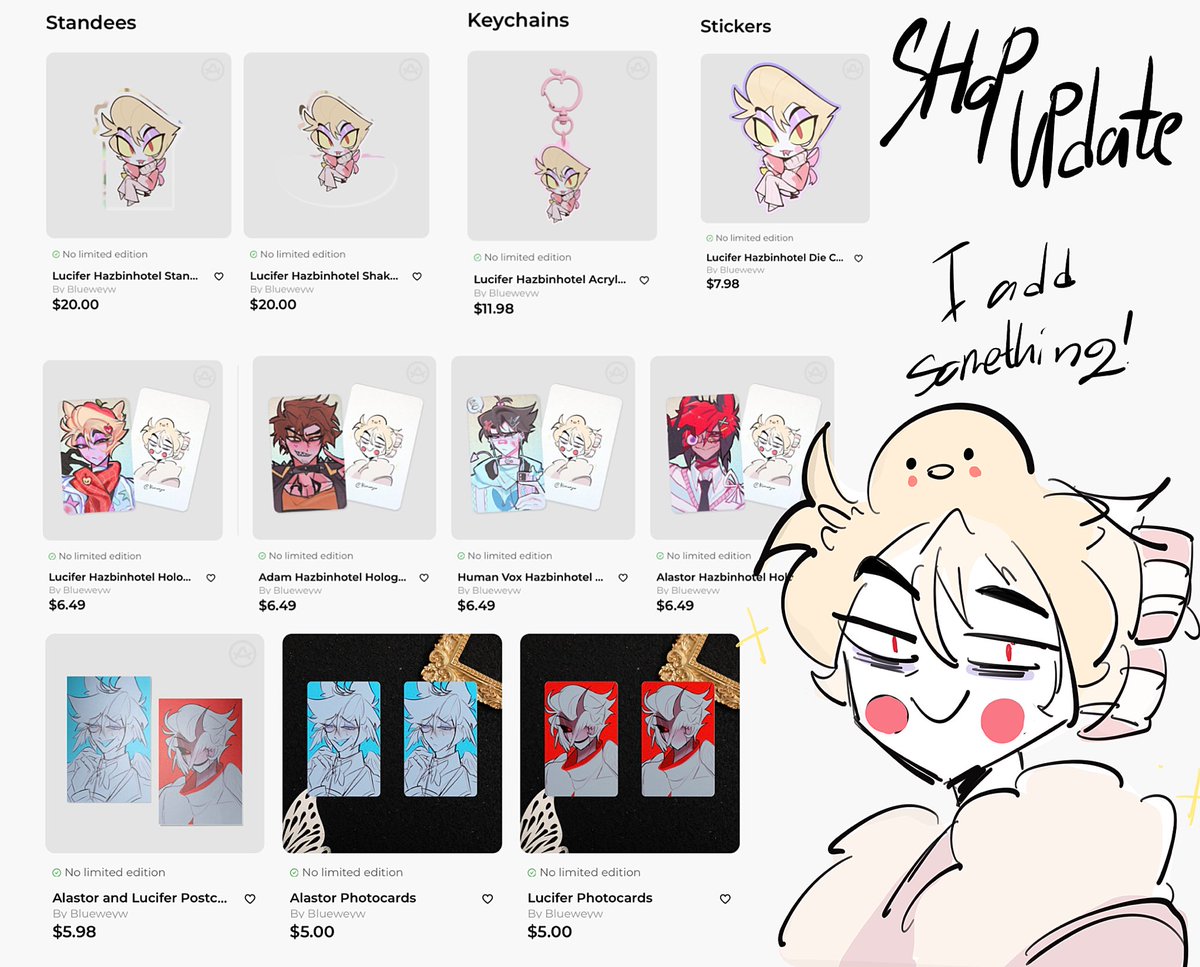 Hello! I updated my shop at acggoods!

Link will be in the comment!

I got some Alastor/Lucifer/Vox/Adam!

#hazbihotel #HazbineHotelVox #hazbinhotelLucifer #hazbinhotelAlastor