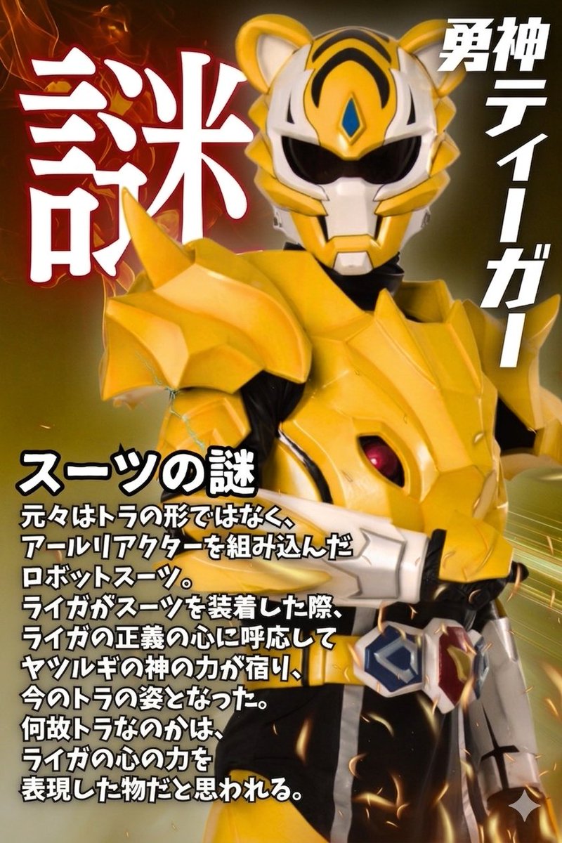 yatsu_rugi's tweet image. 【勇神ティーガー キャラクター紹介】

ヤツルギ11をより楽しんでいただくためのキャラクター情報を公開- ̗̀📢
なぜティーガーのパワードスーツがトラの形なのか…？その秘密に迫ります🐯⚡️

詳しくは画像をcheck💡  ̖́-

#ヤツルギ11 #hero