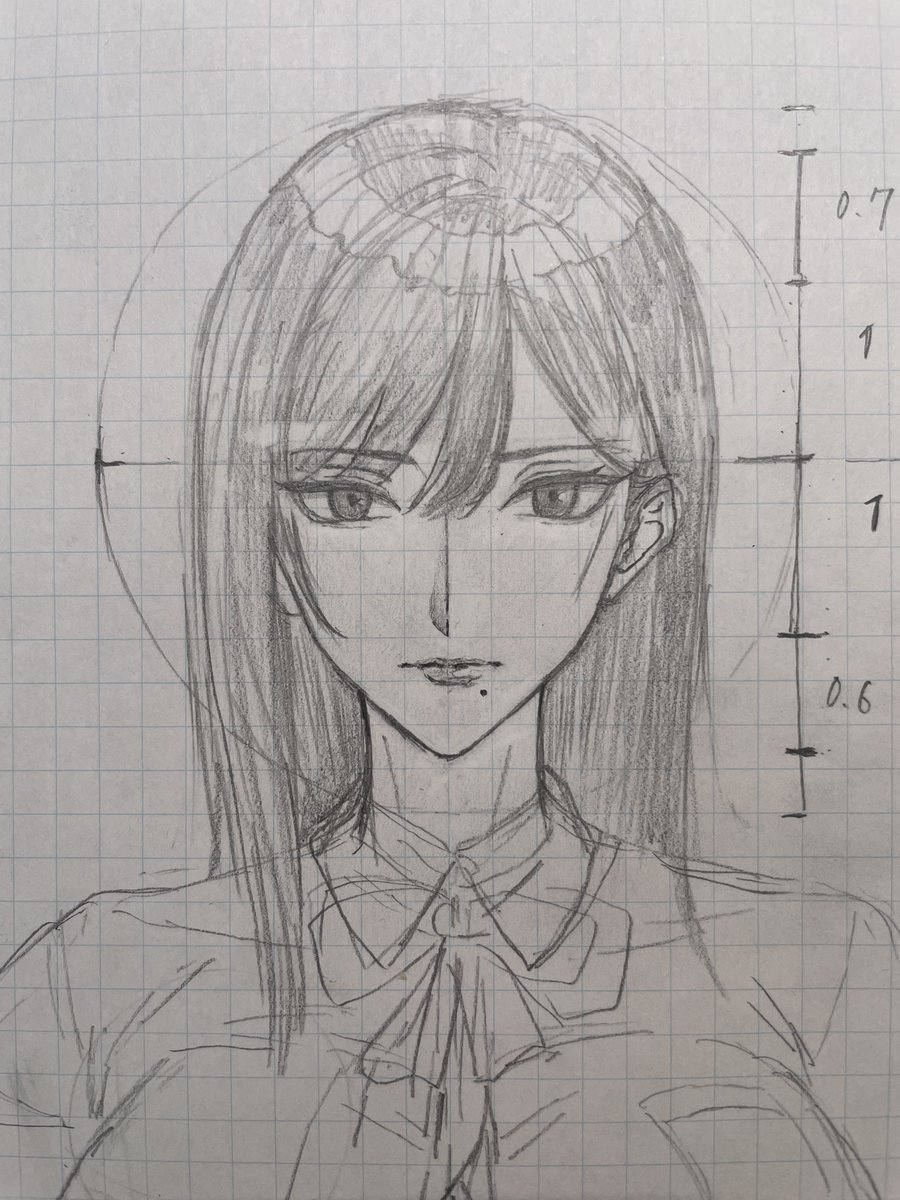 このくらいがいいかな。目は円の中心より下。中心はまぶたのライン。顔した半分は好みで調整。目の横幅は鼻のラインよりも少し短い。わし好みの顔比率 