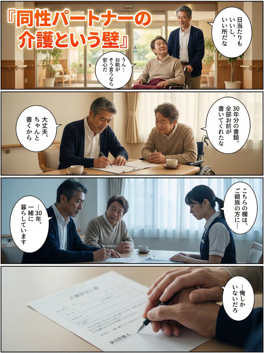 同性婚のない国の、介護施設。

入所の手続きに、男性が二人で来た。
一人は車椅子で、もう一人がずっと手を握っていた。

書類の「身元引受人」の欄で、手が止まった。

「ご関係は……？」
「……30年、一緒に暮らしています」

職員は、申し訳なそうに目を伏せた。