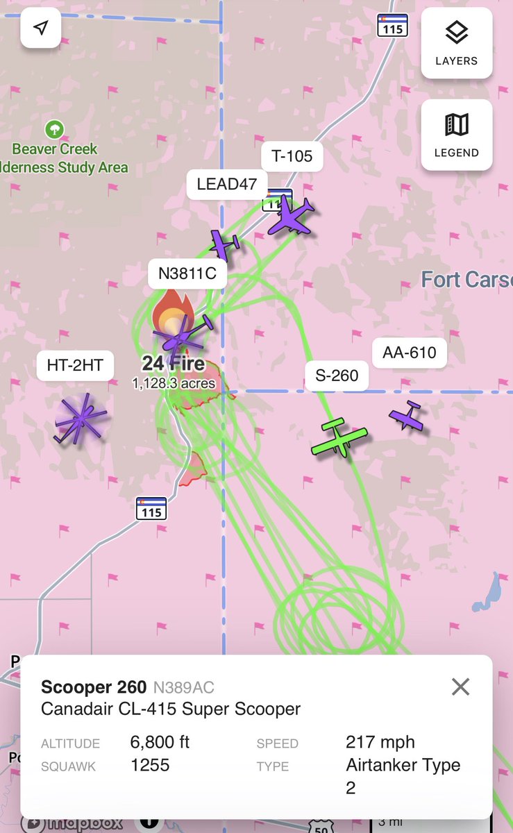 SpearJosh's tweet photo. Starting to bring some big-gun air assets to the #24Fire with an MD-87 and CL-415 Super Scooper on scene. Rapid fire growth continuing #COwx https://t.co/UC7mCqcf4l