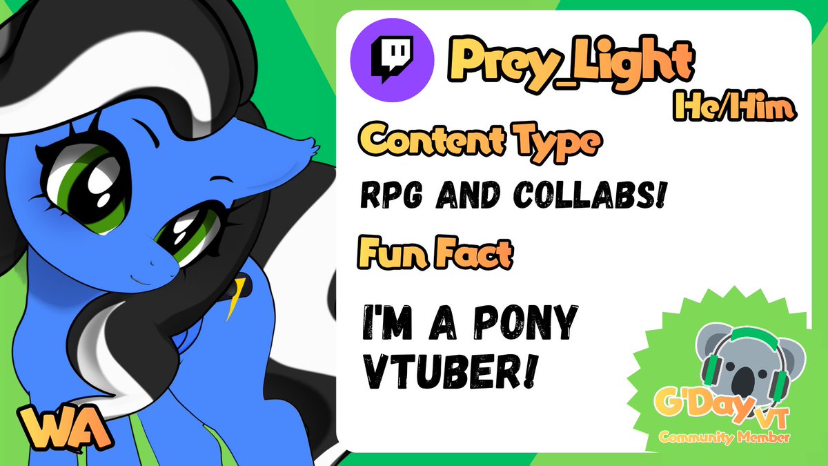 ✨️Sunday Spotlight✨️ (Part 1)
Meet <a href="/PreyLight/">Prey</a>
A pony vtuber that can't get enough of them silly RPG games and does a fair bit of collabing with their friends!
#gdayvt #aussievtuber