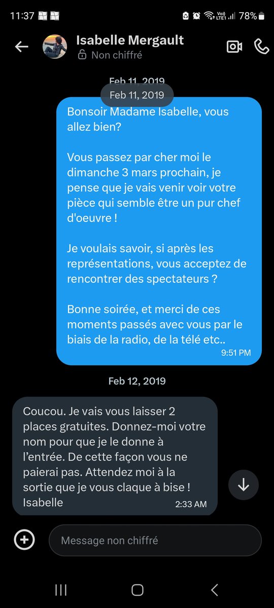 NwOShawn's tweet photo. #IsabelleMergault c'était la gentillesse incarnée... En 2019 suite à une simple demande quant à savoir si elle acceptait de voir des spectateurs après sa représentation, elle m'avait gentiment offert deux places.
Malheureusement, la bise n'a pas claquée " à cause " du personnel. https://t.co/XLNXWaa1uC