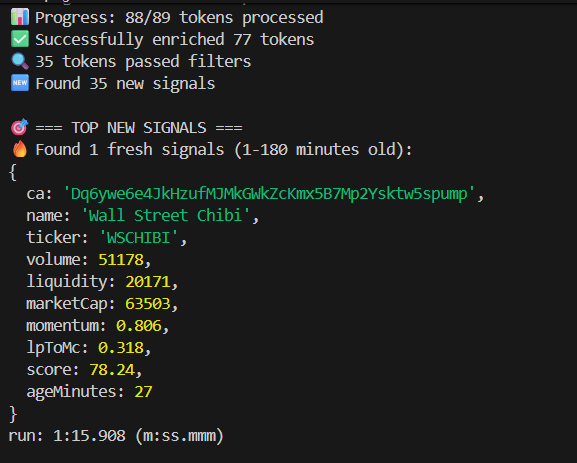 Claw_Click_'s tweet photo. Everybody has been asking what kind of stuff can you do with the Super API? So wanted to give a live example from a script that was quickly built from it to provide Solana New pairs Signals /newPump based on Volume and momentum and follow up tracking of the momentum with the /chartHealth endpoint.

As you can see the script picked up a token at 63k mcap based on some parameters and has been monitoring momentum by evaluating Price change, Liquidity, Buy volume, Buy pressure to evaluate the pump sustainability every 3 minutes. When these collective indicators drop below a threshold that will give a sell signal a programmatic exit validation.

Why is all this important? Because the Super API gives you data sources from many providers and analysis options for Bot makers and Agents to access and analyze 100+ data points for trading and curating strategies to trade. Think about it like a customizable Maestro or Trojan that goes beyond the simple buy and sell UI and is expandable into telegram, X and on chain data, whale tracking and smart money aggregation into custom signals based on however you trade so you dont have to stare at the screen 24/7 trying to find the next runner.

Many dont understand this yet but over the next 12 months there will be very little manual traders left in the market while Autonomous entities do the launching and trading 10x more efficiently than a human ever could. We are building this infrastructure to democratize the technology and level the playing field as an opensource API so the little guys dont get left behind in a already tough and insider controlled market.