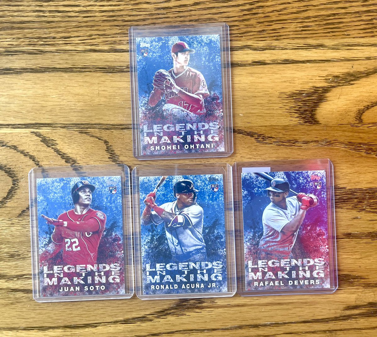 SoxStacks's tweet photo. And the FINAL POST of the #SoxStacks sale...
These 4 cards have been in my PC binder for a long time..
2018 Topps Legends in the Making Blue Parallel RCs
Shohei Ohtani - $140
Ronald Acuna - $10
Juan Soto - $7
or take them ALL for $155 shipped (Devers throw-in) https://t.co/ixTZelXjLW