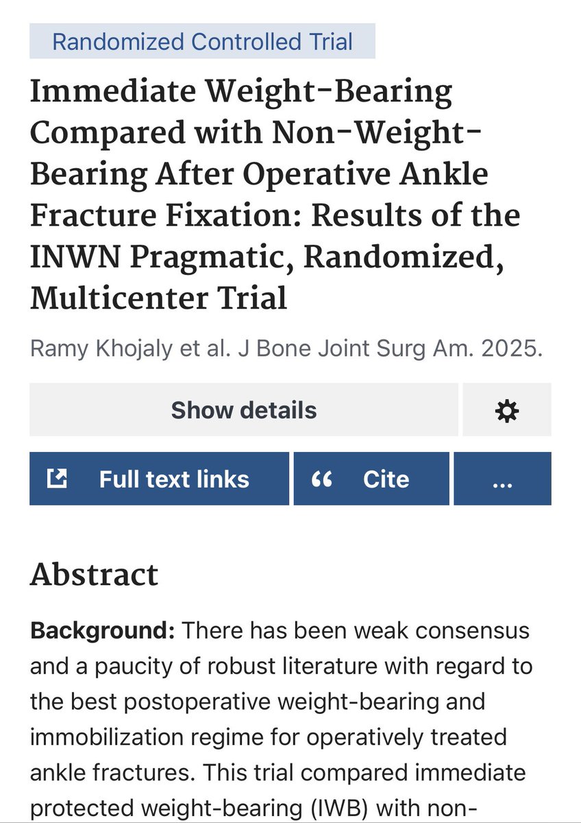 aliyusef01's tweet photo. When should we start weight-bearing patients after unstable ankle fracture ORIF?
Two recent RCTs show early WB (day 1 or within 2 weeks) delivers better functional outcomes + same complication rates vs 6 weeks delay .
practice change, ha?
#OrthoTwitter #ORIF https://t.co/fK7LLncgGo