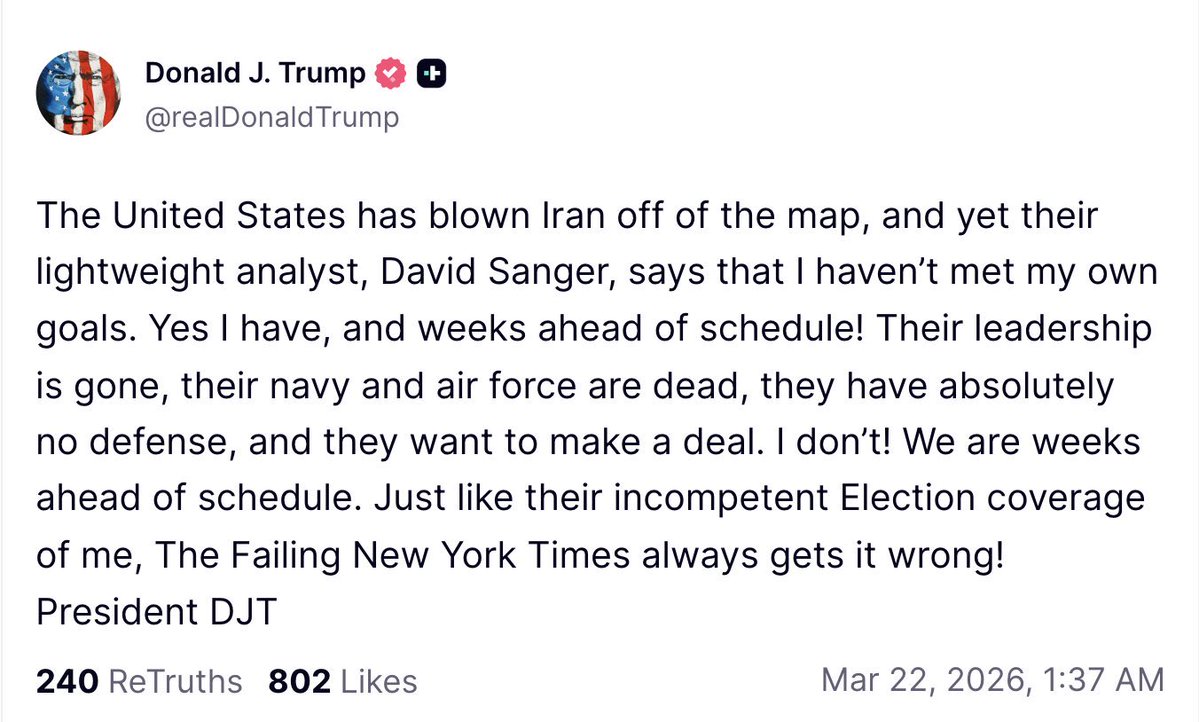 ترامب يعلن عن القضاء على إيران ويهاجم نيويورك تايمز