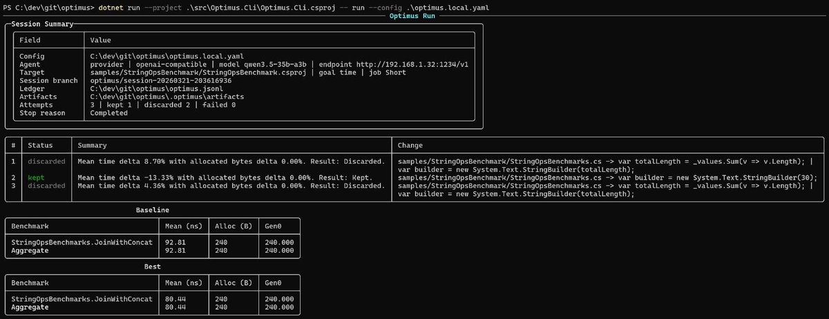 Weekend R&amp;D project for next round of optimizations to how we deliver software <a href="/autohiveai/">Autohive</a> &amp; <a href="/raygunio/">Raygun</a>.

Using <a href="/karpathy/">Andrej Karpathy</a>’s auto researcher, except it takes outputs from <a href="/BenchmarkDotNet/">BenchmarkDotNet</a> and then runs experiments to improve speed and reduce memory.

Contrived example in the