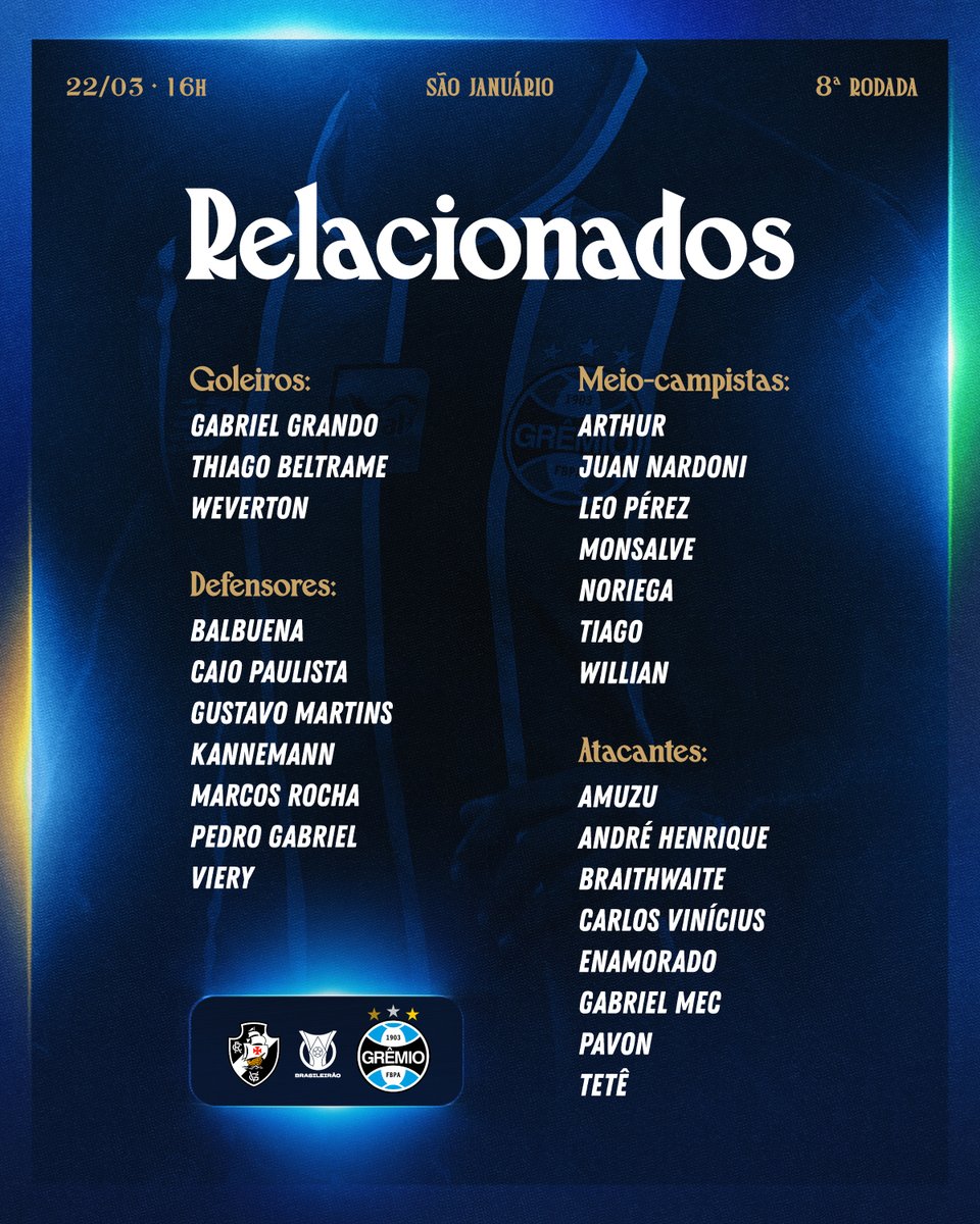 Gremio's tweet photo. RELACIONADOS 📋🇪🇪 Hora de conferir os jogadores que irão representar as três cores amanhã no Rio de Janeiro. PRA CIMA!

#VASxGRE #Brasileirão2026 https://t.co/k9jivChgEw