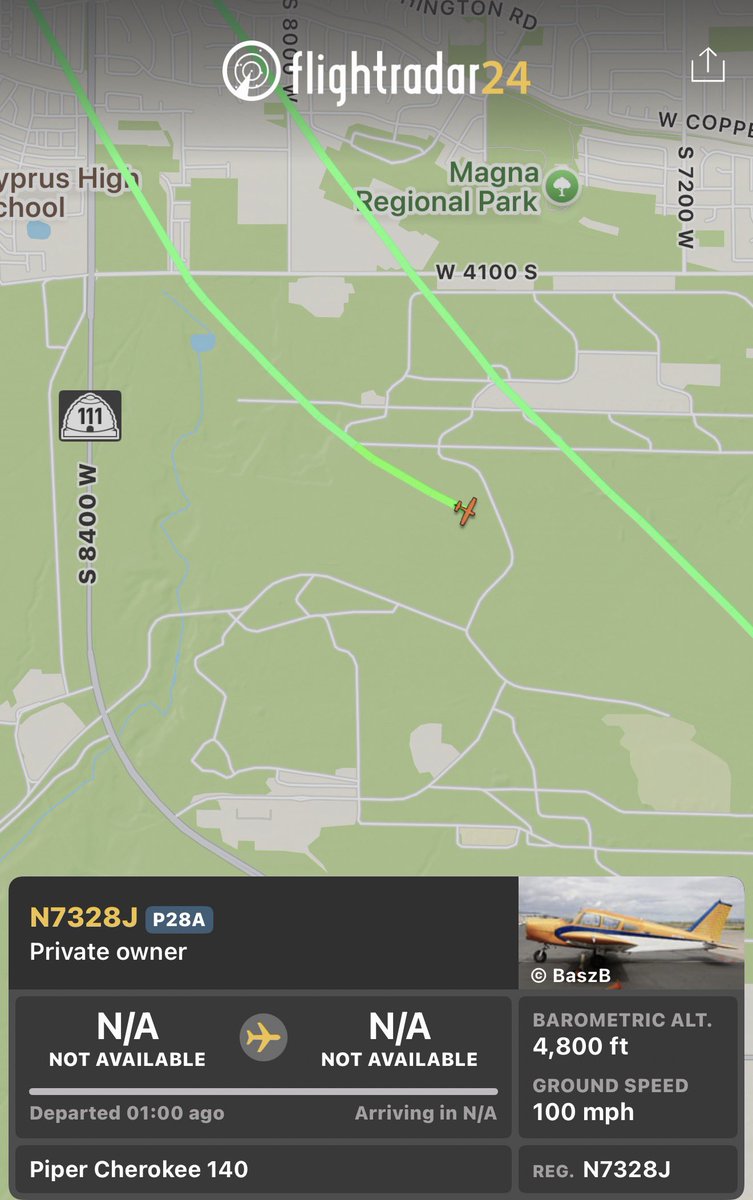 SLCScanner's tweet image. #Breaking #PlaneCrash #WVC
West Valley City Fire Dept responded to a small plane crash reported around 3:55 PM at approximately 4600 S 7000 W, west of the red water tower.

The aircraft—a Piper Cherokee 140 (registration N732328J, private owner)—went down on Northrop Grumman