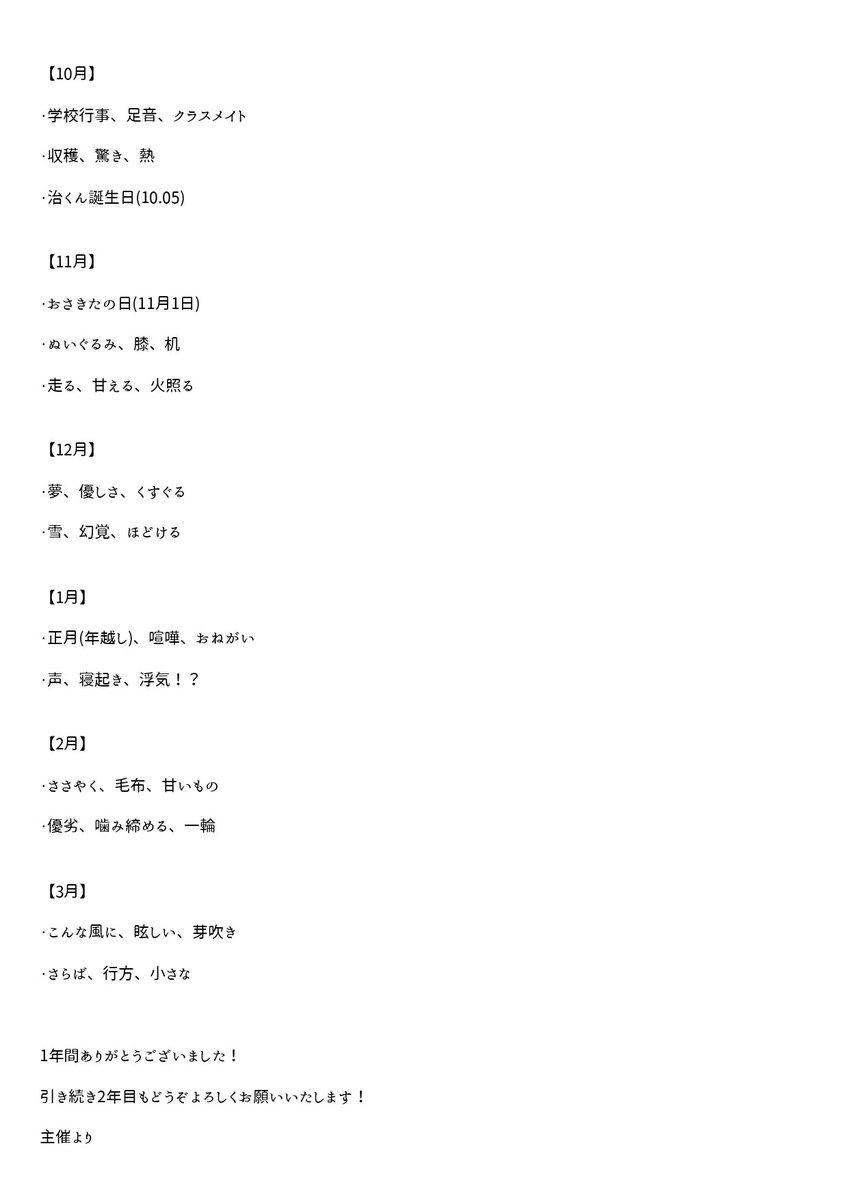 おはようございます💐

昨日のワンライドロにて、当アカウントの1年目の最後の開催が終了したため、1年目のお題一覧を公開いたします。

途中、Xの改変等で投稿がしにくくなったり、不具合で開催ミスがあったりと大変ご迷惑をおかけしてしまい大変申し訳ありませんでした……💦💦⬇