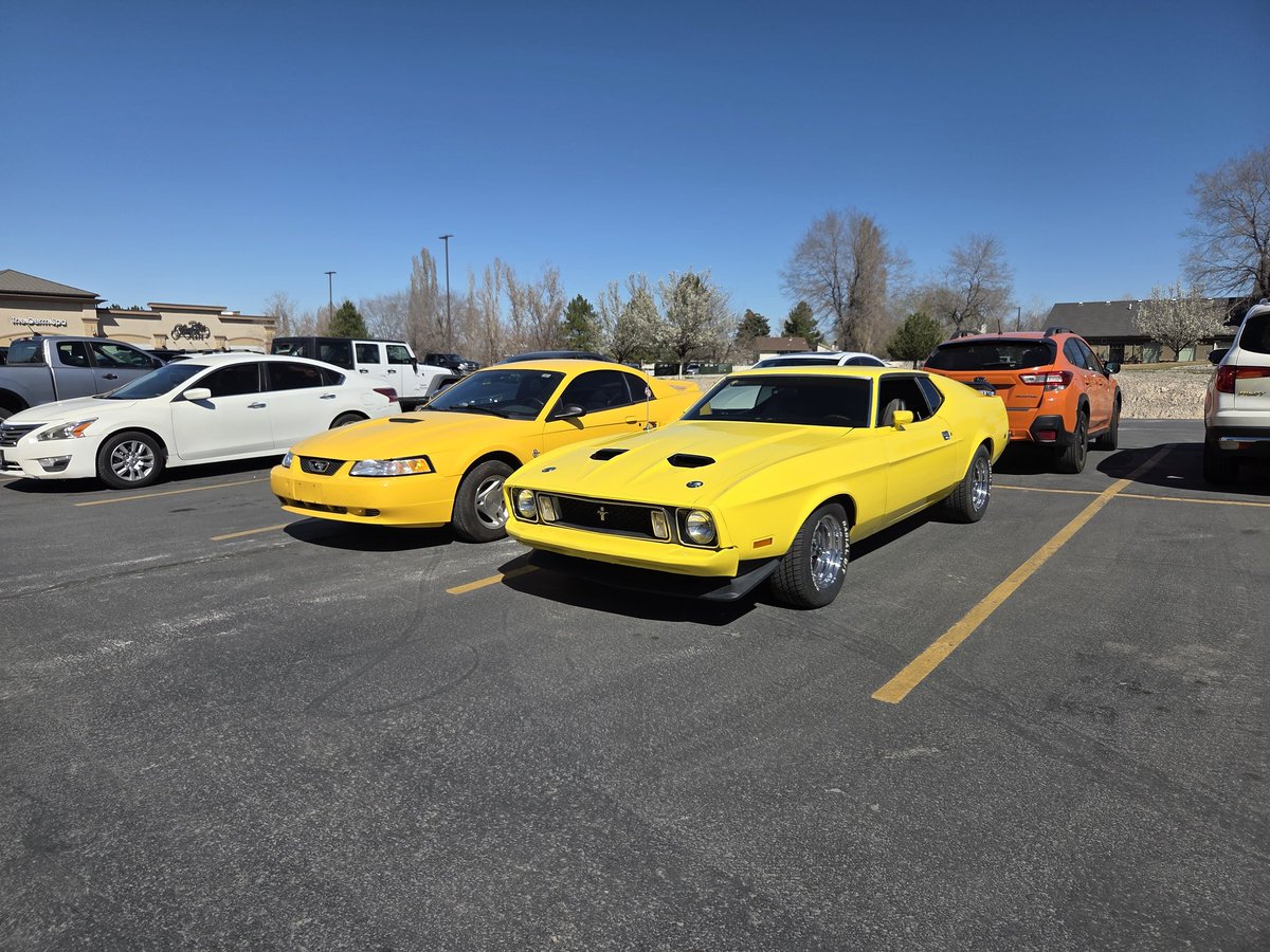 FordJumpin's tweet photo. @67gta390 Got the old Mach out and about for her first rip around town yesterday.  Finally got a side by side of both my yellow Mustangs! https://t.co/yj8HyqLfV5