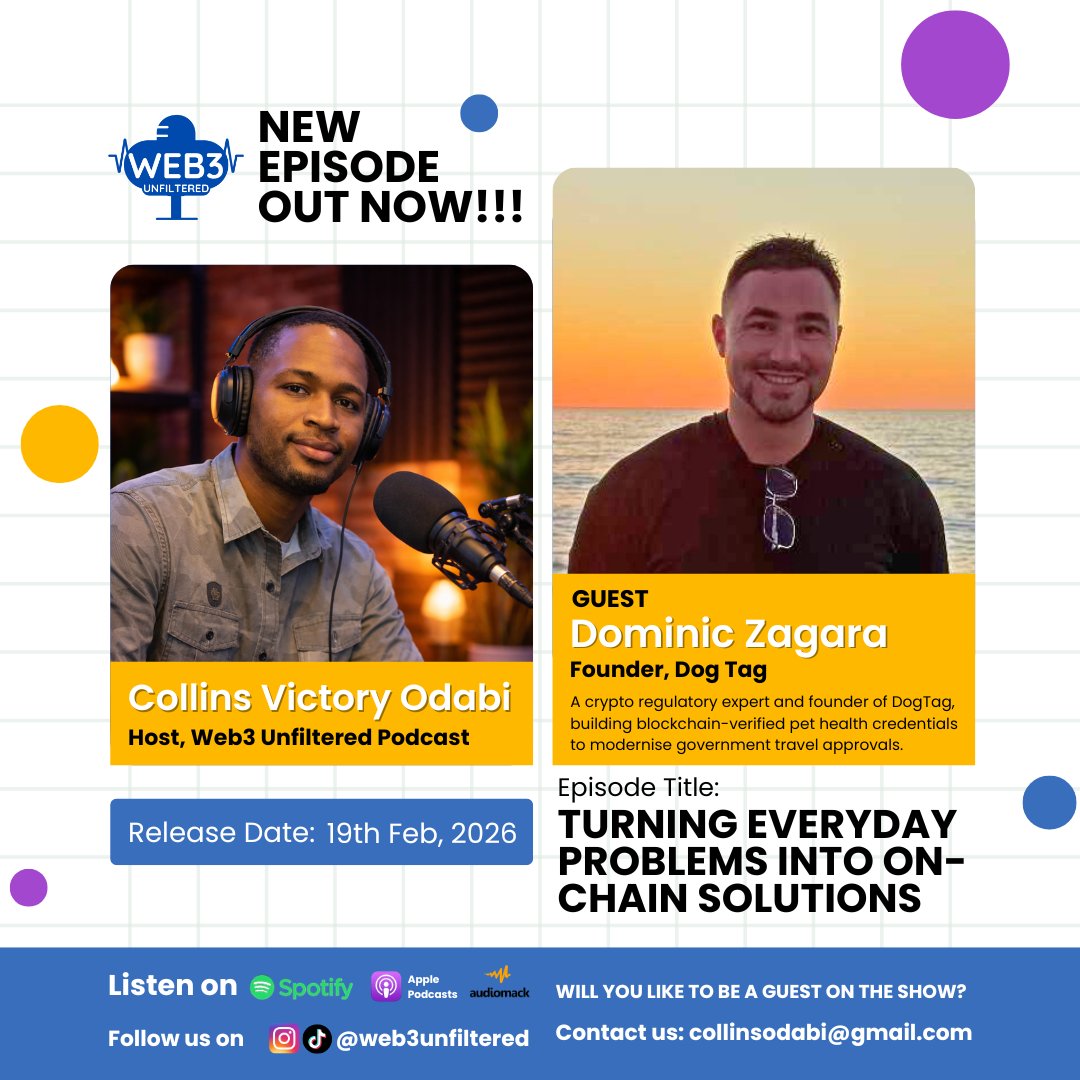 _web3unfiltered's tweet photo. In Episode 01 of Web3 Unfiltered Podcast, Host Collins Victory Odabi is joined by regulatory expert Dominic Zagara to deconstruct how DogTag app is using Verifiable Credentials to leapfrog the "email era" straight into on-chain reality.

Listen: Link in Bio... https://t.co/I3CwePLseM